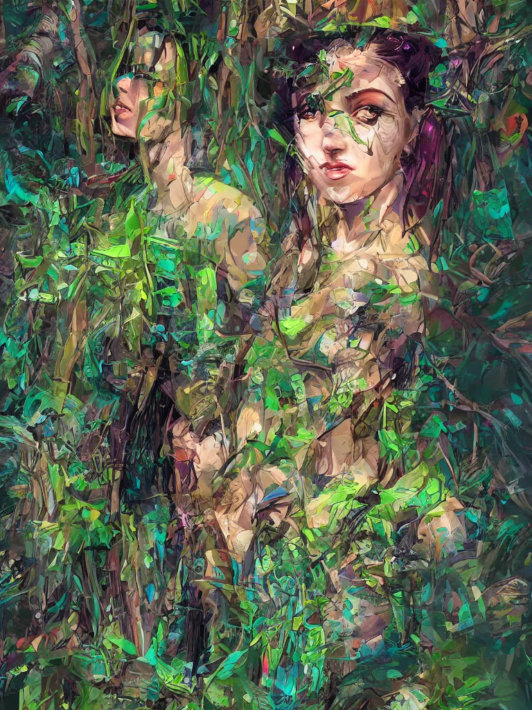 Prompt: Portrait of a beautiful glitch woman in the jungle, trending on artstation