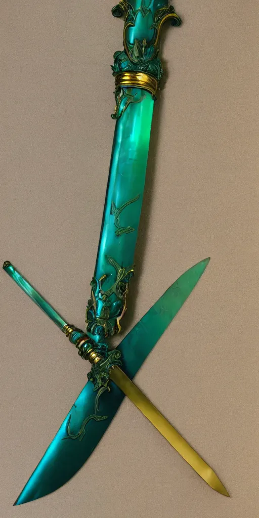 Image similar to photograph of a large green and teal crystal sword with a gold sword hilt