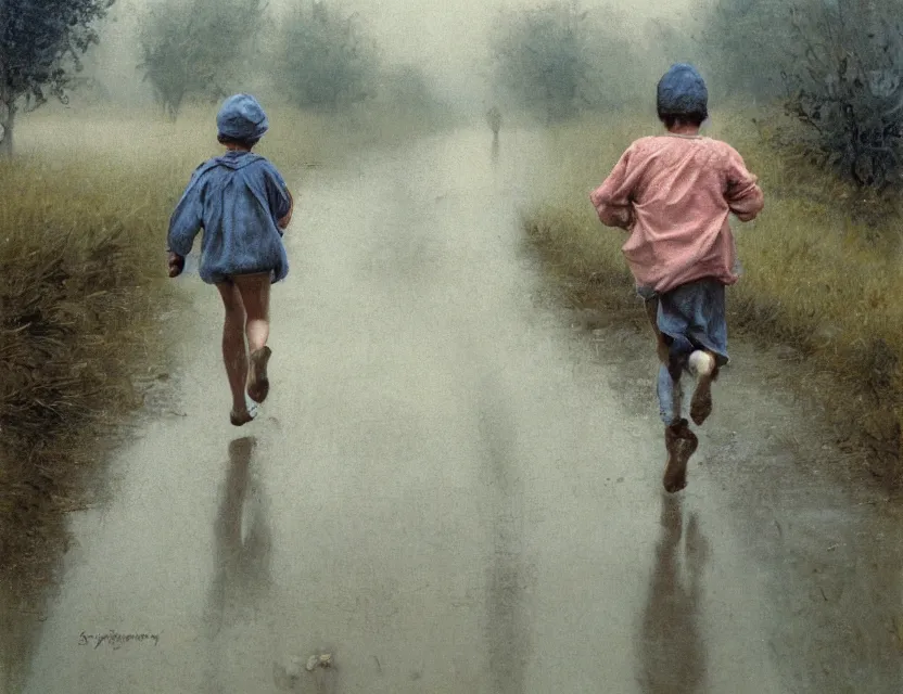 Prompt: peasant boy running under the rain, cottage core, cinematic focus, polaroid photo bleached vintage pastel colors high - key lighting, soft lights, foggy, by steve hanks, by lisa yuskavage, by serov valentin, by tarkovsky, 8 k render, detailed, oil on canvas