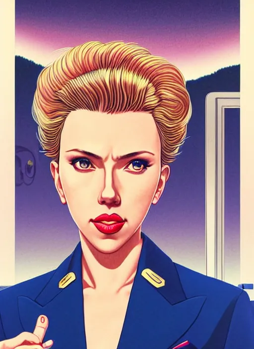 Image similar to perfectly centred realistic portrait of scarlett johansson as a sailor moon, looking in the mirror, in a business suit, ready for work, futuristic office, highly detailed, 8 0 - s style poster, sharp focus, illustration, art by kawase hasui,