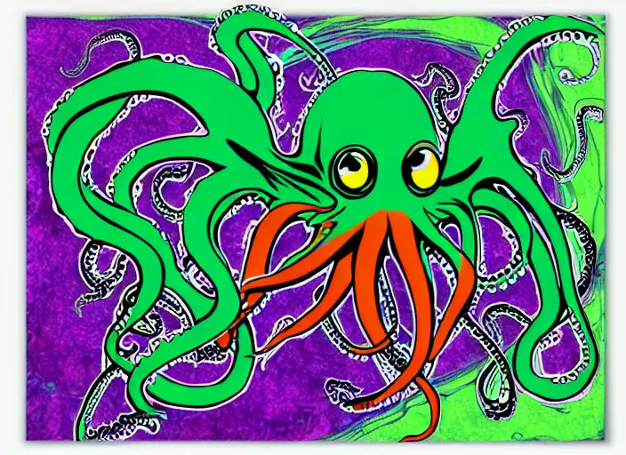 Image similar to highly detailed graphitti, Cthulhu, octopus, waves, bold colors, graphitti, digital spray paint graphitti