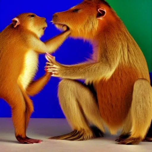 Prompt: Capybara and Monkey dancing in a disco