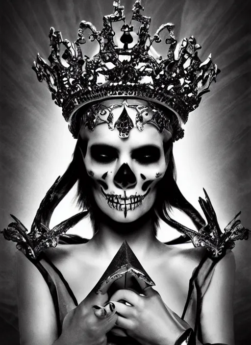 Image similar to skull queen with an origami crown, hints of silver jewelry, gothic, eerie, intricate detail, dramatic lighting, mist, grey, 4k