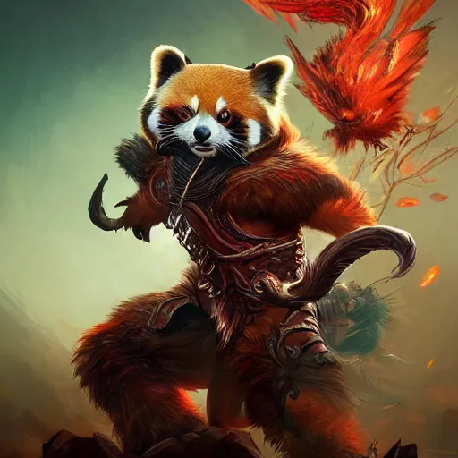 Image similar to red panda as diablo 3 character, digital illustration portrait design, by android jones and greg rutkowski, retrowave color scheme, detailed, cinematic lighting, wide angle action dynamic portrait