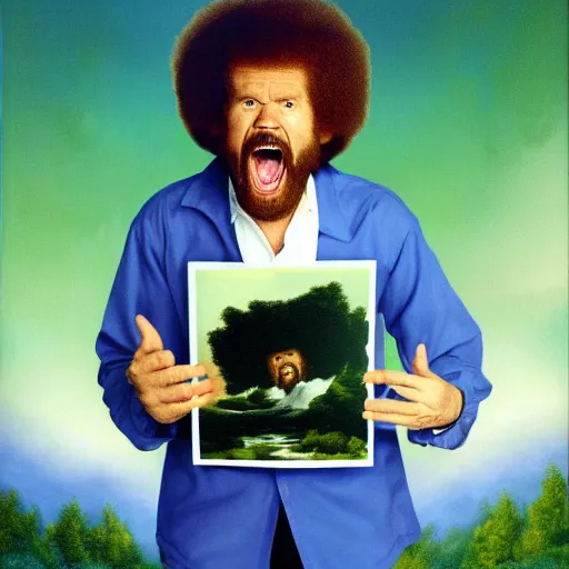 Image similar to bob ross screaming in a cathedral