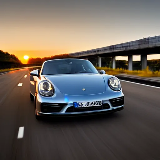 Prompt: a porsche car driving down an autobahn, dslr photo, sunset