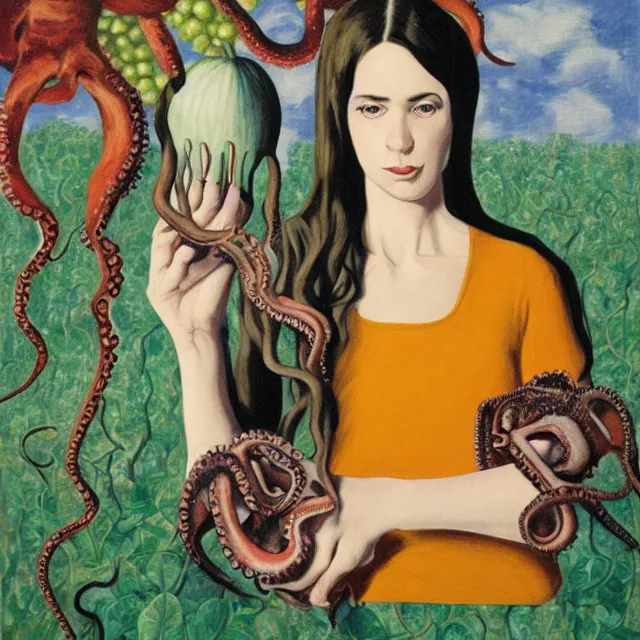 Prompt: tall emo female artist holding an octopus, in a library, books, small portraits, gourds, berries, vines, pigs, xylophone, acrylic on canvas, surrealist, by magritte and monet