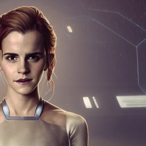 Prompt: a highly detailed matte portrait of emma watson cosplaying as seven of nine, running through a thunderstorm, scifi by star trek, unreal engine, volumetric lighting, exquisite detail, 8 k, art by greg rutkowski and alphonse mucha