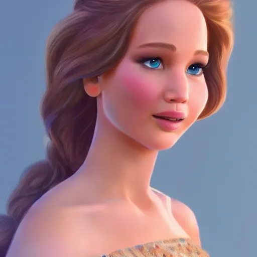 Image similar to jennifer lawrence as disney princess, high quality illustration, trending on artstation, octane render, 4 k, pixar rendering,