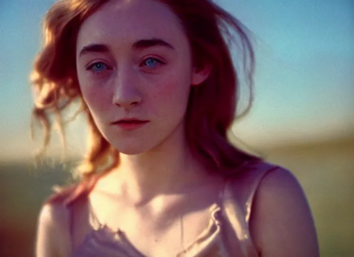 Prompt: color film photography 1970s, Saoirse Ronan, soft focus, Saoirse Ronan, golden hour, soft light, 35mm, film photo, nan goldin