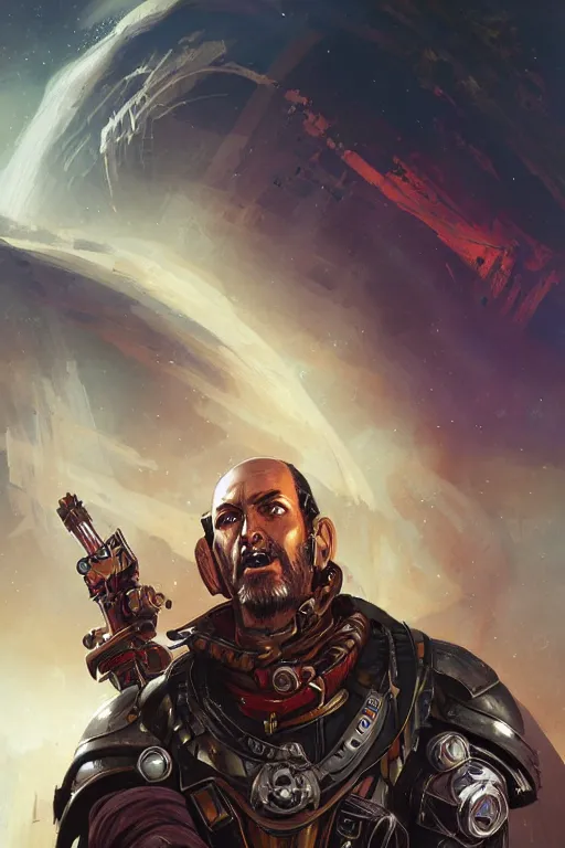 Image similar to Portrait of deadly space pirate warrior, spaceship wreckage, metabaron, stars, sun, planets, highly detailed, dune saga, digital painting, artstation, concept art, smooth, sharp focus, illustration, art by Juan Giménez ,