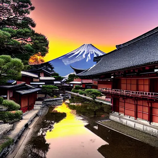 Prompt: a traditional japanese village in the mountains at sunset by Adam Paquette