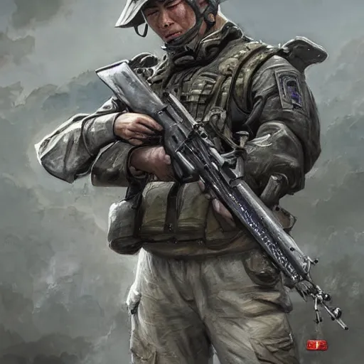 Image similar to dynamic composition, motion, ultra-detailed, incredibly detailed, a lot of details, amazing fine details and brush strokes, colorful and grayish palette, smooth, HD semirealistic anime CG concept art digital painting, watercolor oil painting of a Chinese SWAT soldier, by a Chinese artist at ArtStation, by Huang Guangjian, Fenghua Zhong, Ruan Jia, Xin Jin and Wei Chang. Realistic artwork of a Chinese videogame, gradients, gentle an harmonic grayish colors.