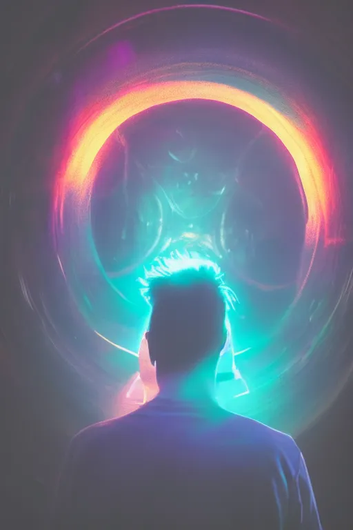 Image similar to kodak color plus 2 0 0 photograph of a guy looking into a bright otherworldly swirling glowing portal, back view, vaporwave colors, grain, moody lighting, moody aesthetic,