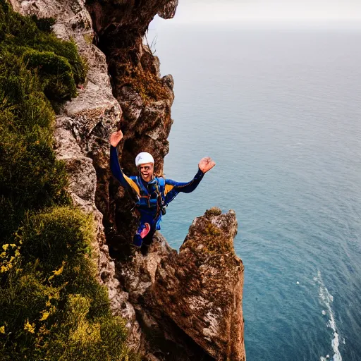 Image similar to elderly man base jumping from a cliff, smiling, happy, cliff, base jumping, parachute, nature, canon eos r 3, f / 1. 4, iso 2 0 0, 1 / 1 6 0 s, 8 k, raw, unedited, symmetrical balance, wide angle