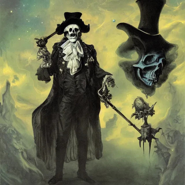 Image similar to grim-hatter, skull cane, voodoo ritual gear, matte painting art from goya and pirner, cursed oil painting, cosmic nebula color tones