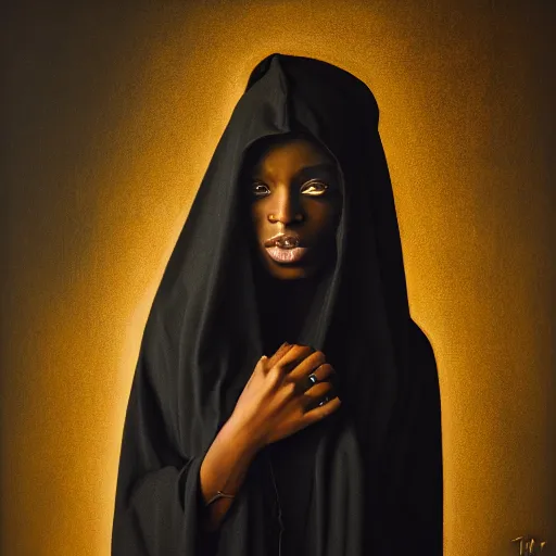 Image similar to a portrait of a young black woman wearing a long dark cloak, hood and shadows covering face, holding golden jewelry, oil painting, matte painting, black background, Volumetric Golden dappled dynamic lighting, Highly Detailed, Cinematic Lighting, Unreal Engine, 8k, HD, by Beksinski