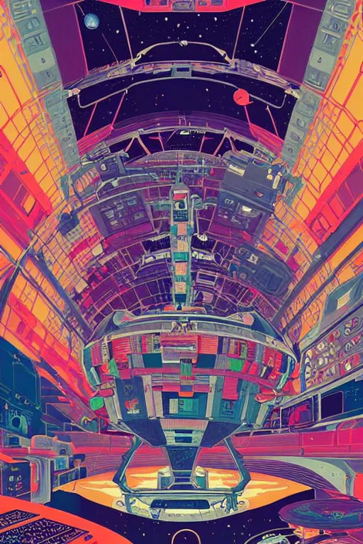 Image similar to the interior of an international space station filled with electronic equipment, ancient futuristic japanese temple, poster art by victo ngai, ori toor, kilian eng behance contest winner, crystal cubism, poster art, cubism, tarot card, psychedelic art, concert poster, poster art, maximalist