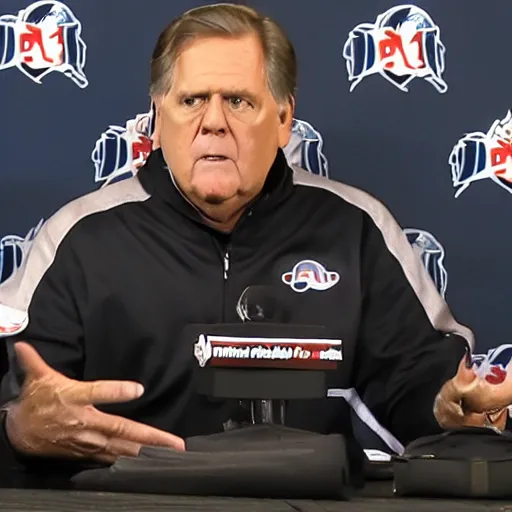 Prompt: A burning in flames coach Belichick talking to the media