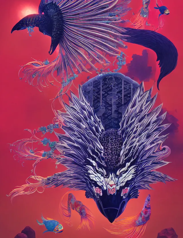 Prompt: new world order, intricately detailed japanese crow kitsune mask and clasical japanese kimono. betta fish, jellyfish phoenix, bio luminescent, plasma, ice, water, wind, creature, artwork by tooth wu and wlop and beeple and greg rutkowski