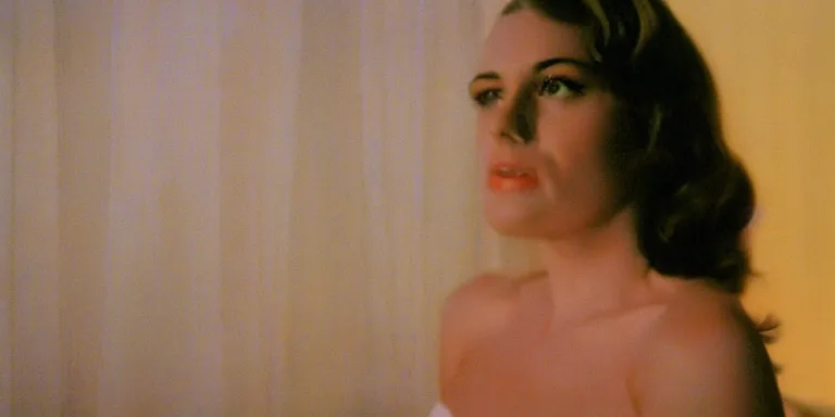 Image similar to photorealistic close up shot Cinematography of a Beautiful woman at night in a mid century modern apartment shot on film at magic hour with the sun shining god rays shining into a large 60's hotel lobby room filled with volumetric haze by the shining Cinematographer john alcott on a cooke panchro 18mm lens and shot on kodak eastman 7254 color 16mm film