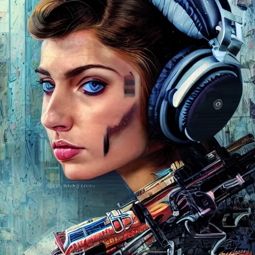 Image similar to a portrait of beautiful, mischievous, young woman by sandra chevrier, detailed render, tape deck, boombox, headphones, epic composition, cybernetics, 4 k realistic, cryengine, realistic shaded lighting, sharp focus, masterpiece, by matteo scalera, gary montalbano, peter elson in the style of the tokyo ghost comic