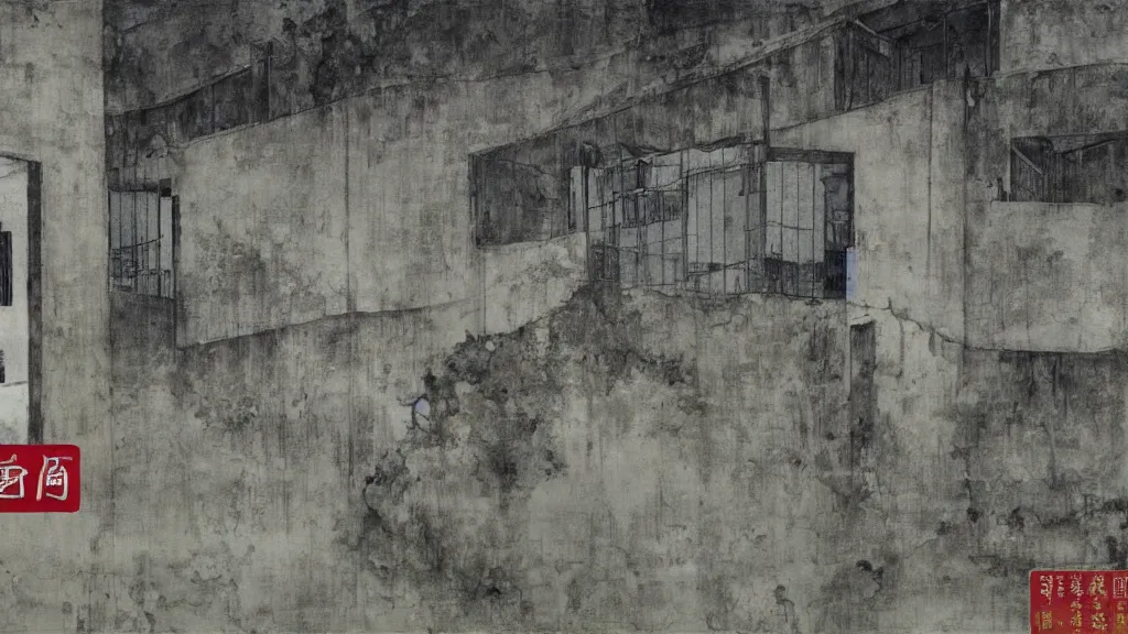Image similar to a chinese prison near a river by peter doig, shades of grey, overlaid with chinese adverts
