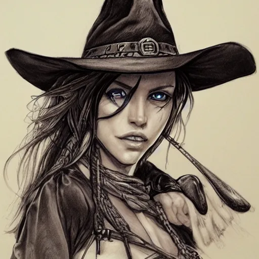 Image similar to beautiful cowboy witch, wild west, dungeons and dragons art, detailed, concept art, pencil drawing, trending on artstation