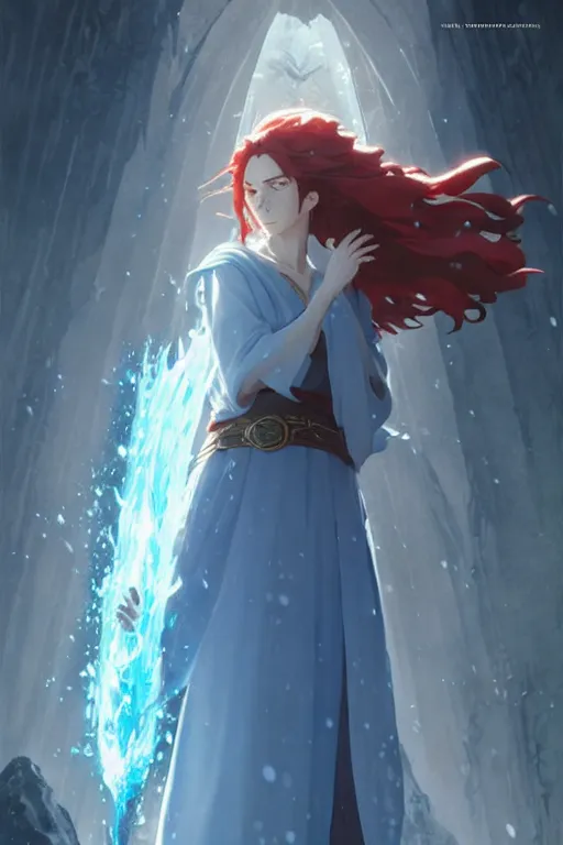 Image similar to elvish female sorcerer doing water magic spells, blue robes, red hair, finely detailed perfect face, exquisite details, mid view, design on a white background, by studio muti, greg rutkowski makoto shinkai takashi takeuchi studio ghibli