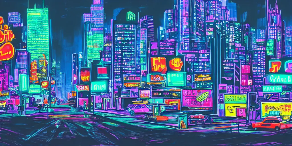 Image similar to cityscape covered with neon billboards and dark streets, cartoon