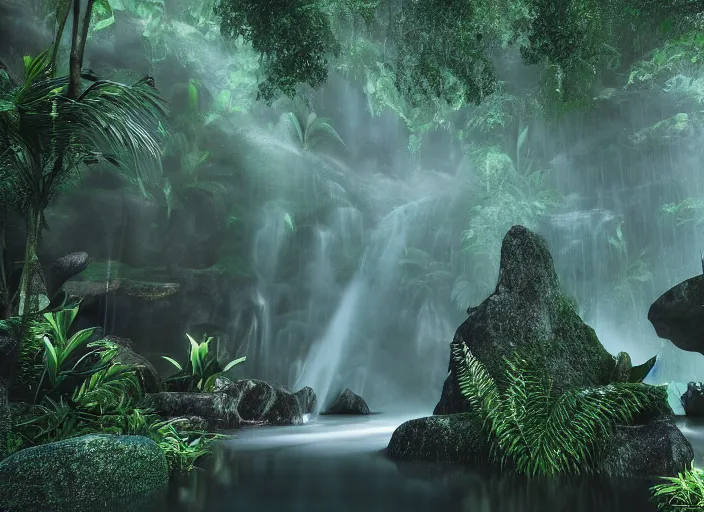 Prompt: great jungle turquiose waterfall, highly detailed, mist, god rays, cinematic, cinematic lighting, octane render, ultra details, 8K