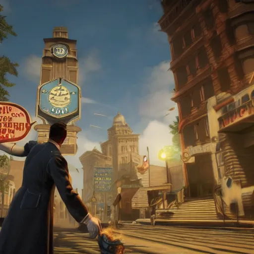 Image similar to bioshock infinite as propaganda of calibrum daerganzi, justify content center, realistic content, detail content, medium long shot content, photorealistic content, 4 k, 1 5 content color, incrinate, sharp focus, wet, yellow lighting