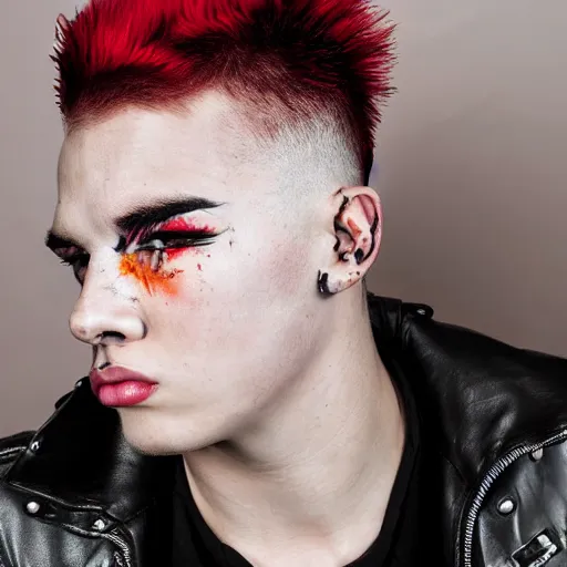 Image similar to young man with a short red dyed mohawk, red eyes and a slim face, dressed in punk clothing, headshot photo, attractive, handsome, in color, no makeup, model