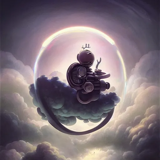 Prompt: a robot floating inside of a soap bubble among the clouds, ethereal, fantasy, style of peter mohrbacher