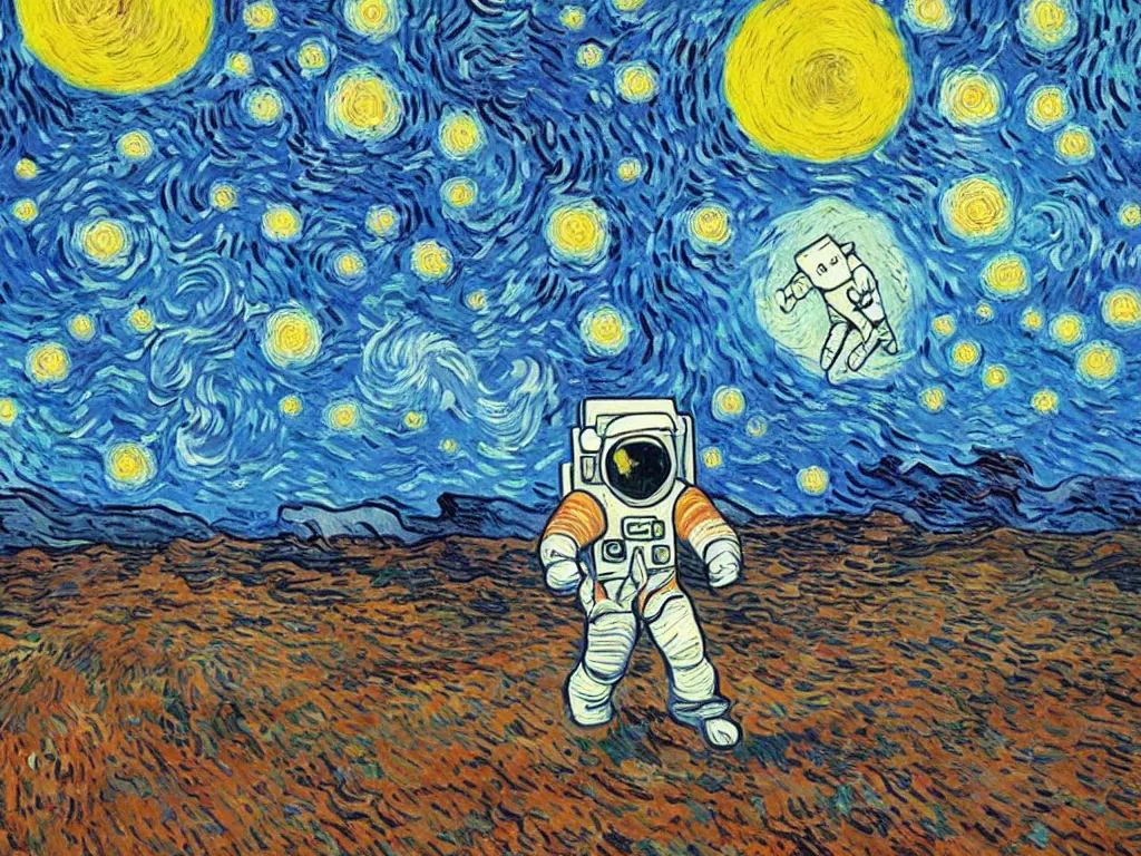 Image similar to bright beautiful oil painting of astronaut lands on a planet made of cartoon ghosts, light scatter, van gogh