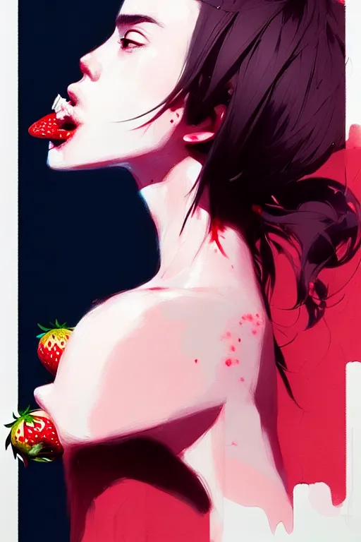 Image similar to a ultradetailed beautiful panting of a stylish woman with a strawberry in her mouth, by conrad roset, greg rutkowski and makoto shinkai, trending on artstation
