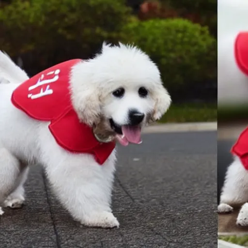 Image similar to a photorealistic dog character is wearing a shirt which writes'win'