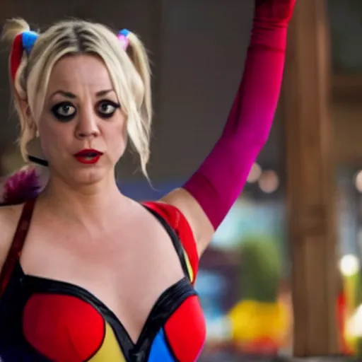 Image similar to A still of Kaley Cuoco as Harley Quinn