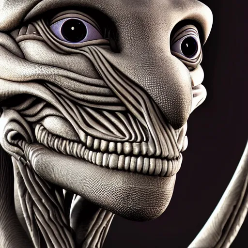 Image similar to A detailed alien portrait, with intricate ivory carvings, by H.R. Gigger, render, z brush, 4k