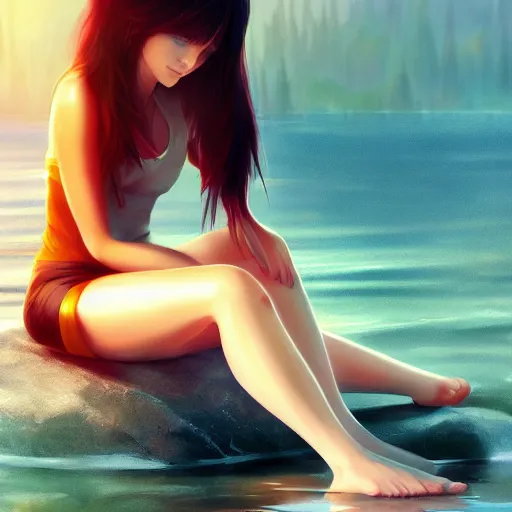 Prompt: woman sitting with her feet in a lake, beautiful and relaxing, very very very long hair, Makoto Shinkai ilya kuvshinov and Wojtek Fus