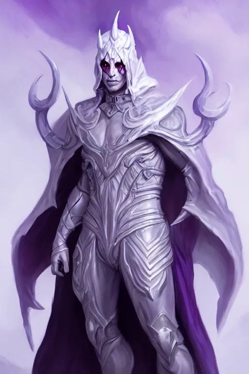Prompt: human male demon, full body white purple cloak, hero, armor, no hoodie, character concept art, costume design, black eyes, white horns, trending on artstation, Artgerm , WLOP
