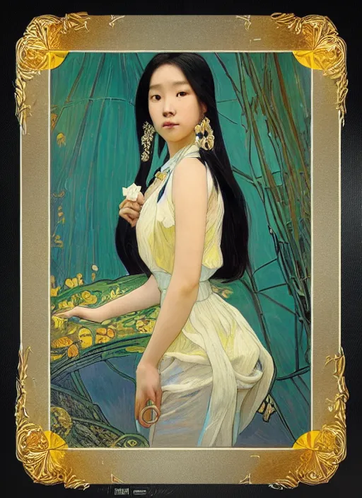 Prompt: portrait of teen Lee Ji-eun wearing a divine celestial elegant suit, rule of thirds, seductive look, captivating, Vincent van Gogh pastiche by Alphonse Mucha, artstation, cinematic, award winning, original modern artwork, set on Singaporean aesthetic, rgb ethereal lighting