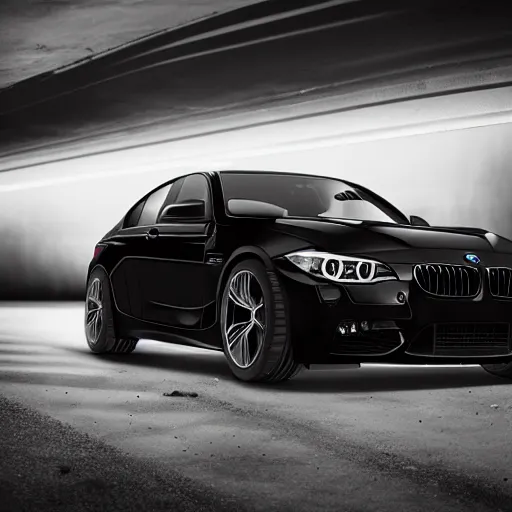 Image similar to product shot of a black BMW, black background, neon lights, octane render, motion blur, bokeh