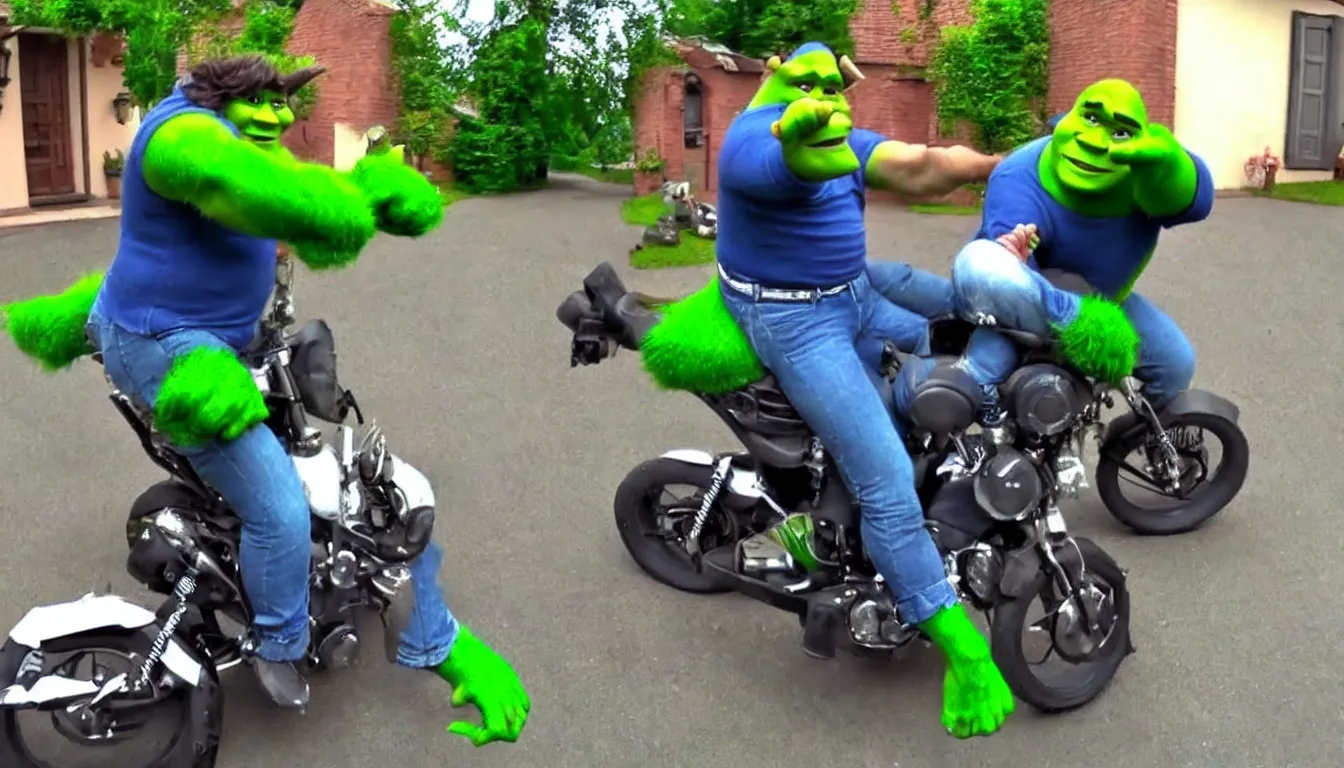 Prompt: doorbell cam footage shrek riding motorbike on one wheel, hilarious, funny, meme, realistic, detailed, 4 k