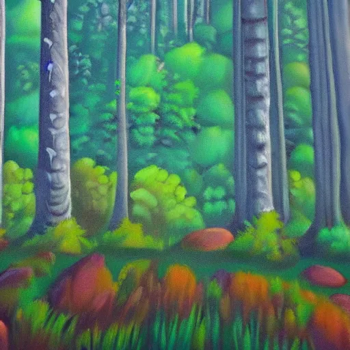 Prompt: a forest landscape with a blender default cube in the middle of the painting in the style of bob ross
