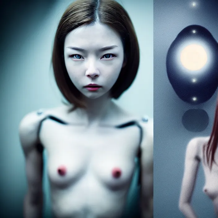 Image similar to cinematic portrait of woman from left, head and clothed chest only, exotic alien features, robotic enhancements, desaturated, in the style of studio ghibli