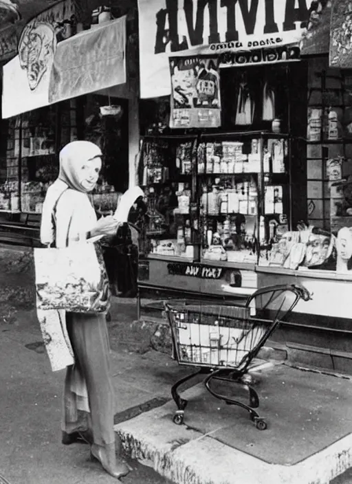 Image similar to a vintage photo of an alien shopping in old Batavia city