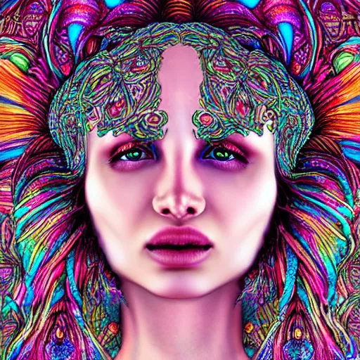 Prompt: a beautiful detailed portrait of a psychedelic mushroom goddess, ultra, hyper realistic