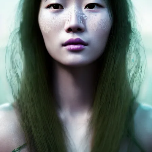 Prompt: intricate highly detailed face portrait of asian - european woman, light purple and mint water vines on her face, intricate, cgsociety, unreal engine, octane render, sharp focus, smooth, volumetric lighting, cinematic composition, artstation