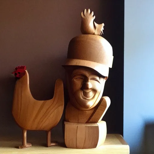 Prompt: wooden sculpture of a man wearing a hard hat holding a rooster, polished maple, thoughtful, elegant, real